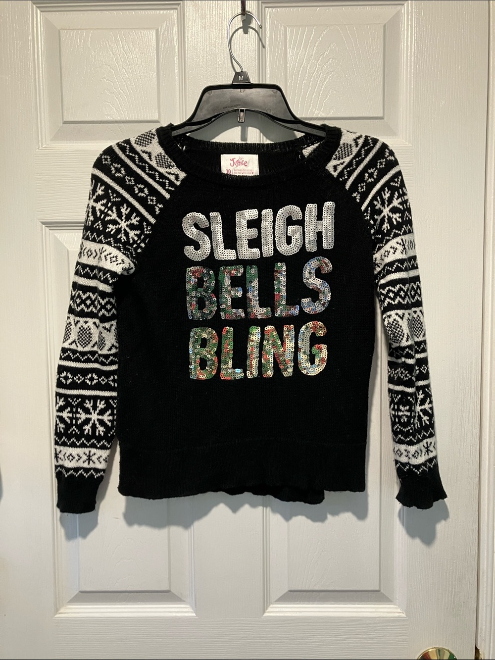 Justice for girls Black & White 'Sleigh Bells Bling' Sequin Christmas sweater